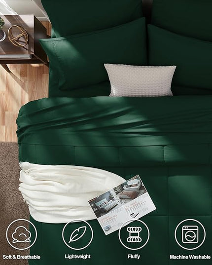 CozyLux Full Size Comforter Sets Emerald Green, 7 Pieces Bed in a Bag, Green Comforter Full Size, All Season Bedding Sets with Stitch Quilted Comforter, Flat Sheet, Fitted Sheet, Pillowcases