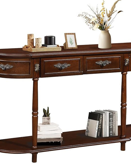 HMFULE Retro Curved Console Table, 52" Half Moon Console Table Sofa Table Entryway Table with 2 Drawers 1 Open Shelf Solid Pine Legs for Living Room,Entryway,Hallway,Cherry