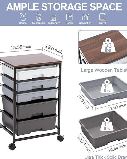 Utility Cart with 5 Drawers,Storage Drawer Cart with Wooden Tabletop and Lockable Wheels,Craft Storage Trolley Cart,5-Tier Rolling Utility Cart on Wheels,Dark Grey