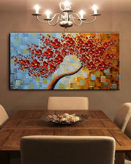 YaSheng Art -handpainted Texture Flowers Contemporary Art Oil Painting On Canvas Abstract Canvas Art 3D Red Tree Paintings Modern Home Wall Art for living room Bedroom Dining Room Office Wall Decor 24x48inch