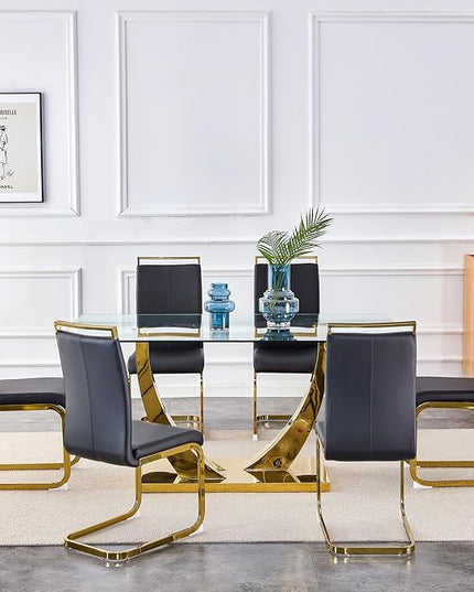 63” Glass Dining Table Set for 6,Gold Dining Room Table Set for 6,Modern Kitchen Table and PU Leather Chairs for 6, Rectangle Tempered Glass Top and Golden Base