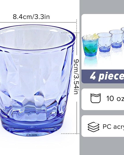 Plastic Glassware Tumbler Dishwasher Safe, Set of 4 Unbreakable Drinking Glasses, 10.5oz Reusable Acrylic Cups for Everyday Use (Blue)