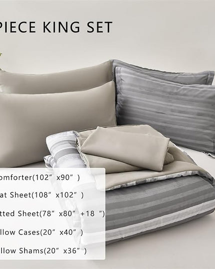 KAKIJUMN 7 Piece Bed in a Bag Stripe Comforter Set King Size, White Grey Patchwork Striped Comforter and Sheet Set, All Season Soft Microfiber Complete Bedding Set(Light Grey,King)