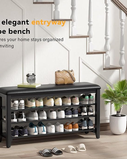 Shoe Rack Bench Entryway Storage with Leather Cushion, Shoe Organizer Bench for Entryway, Ideal for Front Doors Entrances Hallway Mudroom Featuring Rubberwood And 3 Height-Adjustable Removable Shelve
