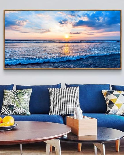 Wapluam Large Wood Framed Wall Art For Living Room Canvas Wall Decor For Office Blue Beach Painting Ocean Sea Waves Wall Pictures Ready To Hang Bedroom Home Decorations Prints Posters Mural Artwork