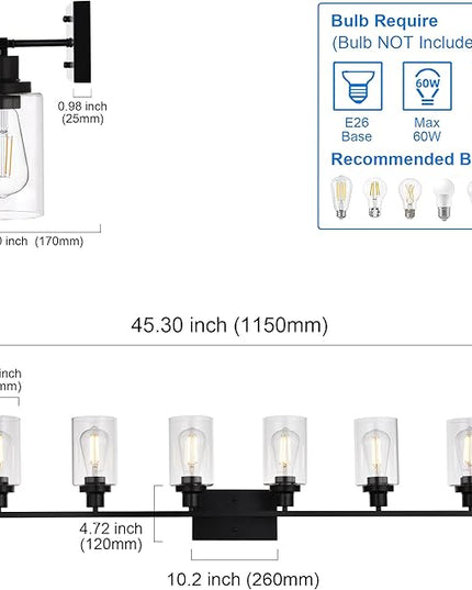 MELUCEE Black Vanity Light Fixture 6-Light Industrial Metal Wall Sconce Bathroom Lighting for Bedroom Hallway Kitchen, Clear Glass Shade Included (Patent No.: US D963914 S)