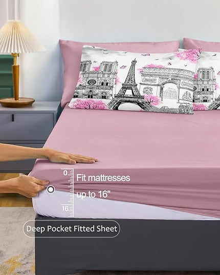 Bedbay 8 Pieces Pink Comforter Set Full Size Paris Bedroom Comforter Pink and Grey Comforter Set Full Bed in a Bag Eiffel Tower Beautiful Blossom Floral Paris Themed Bedroom Decor