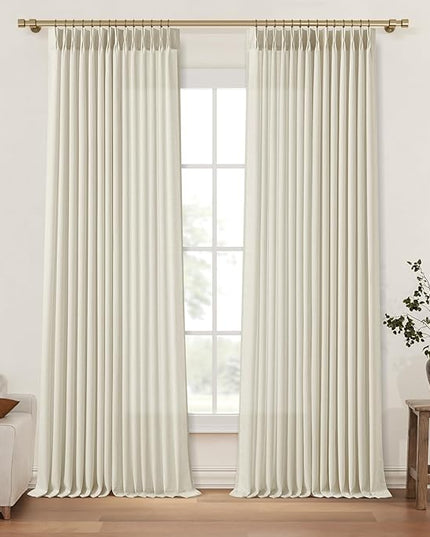 Pinch Pleat Light Filtering 100 Inches Extra Long Curtains, Privacy Window Memory Shaped Pleated Drapes for Living Room Bedroom Natural Thick Linen Blend Birch Elegant Curtain with Hooks 40"Wx100"L