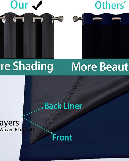Yakamok 100% Blackout Curtains 84 Inches Long, 2 Thick Layers Heat and Full Light Blocking Soft Thermal Insulated Drapes for Bedroom(52" Wide Each Panel, Navy Blue, 1 Panel)