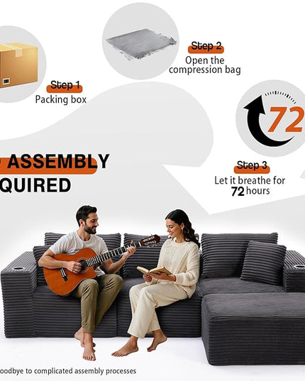 110" Boneless Couch in A Box, Convertible L Shaped Modular Sectional Sofa Set with Deep Seat, Corduroy Cloud Couch Sectional Couches for Living Room, No Assembly Required(3 Seat+ 1 Ottoman,Gray)
