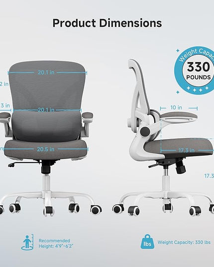 Office Chair with Adjustable Lumbar Support, 330 LBS Home Office Desk Chair with Flip-up Armrests, Mesh Computer Chair for Long Day Use, White and Gray