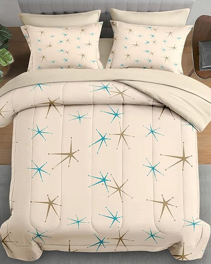 Comforter Set Twin Size, Mid Century Vintage Atomic 5 Pcs Bedding for Kids and Adults, Retro Geometric Science Bed Sheet Sets with Fitted Sheet Pillowcase & Sham for Bedroom Bed Decor