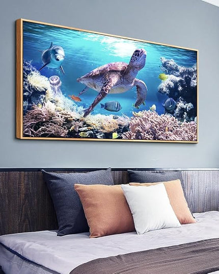 Wapluam Framed Canvas Wall Art - Large Decorations for Living Room, Office, Modern Bedroom - Sea Turtles Wall Pictures - Blue Ocean Painting - 24" x 48" Canvas Prints