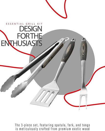 Stainless Steel BBQ Tool Set with Veined-Dyed Wooden Handles | Heavy Duty Grilling Accessories | 3-Piece Outdoor Barbecue Grill Utensil Set with Spatula, Fork, and Tongs - Ideal Gift for Men…