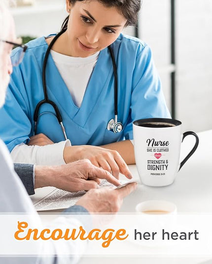 Christian Art Gifts Inspirational Ceramic Coffee & Tea Scripture Mug for Women Nurses: Strength & Dignity Encouraging Proverb, Microwave/Dishwasher Safe Novelty Cup, Cute Heart, White & Black, 12 oz.