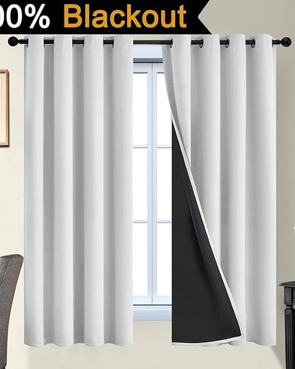 Yakamok 100% Blackout Curtains 63 Inches Long, 2 Thick Layers Heat and Full Light Blocking Soft Thermal Insulated Drapes for Bedroom(52" Wide Each Panel, Greyish White, 2 Panels)