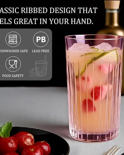 Laerjin Drinking Glasses Set of 8, 12 oz Highball Glasses & 10 oz Cocktail Glasses Set, Glassware Drinking Glasses, Glassware Sets for Cocktail, Beer, Wine, Whiskey, Water & Juice Drinkware(Pink)