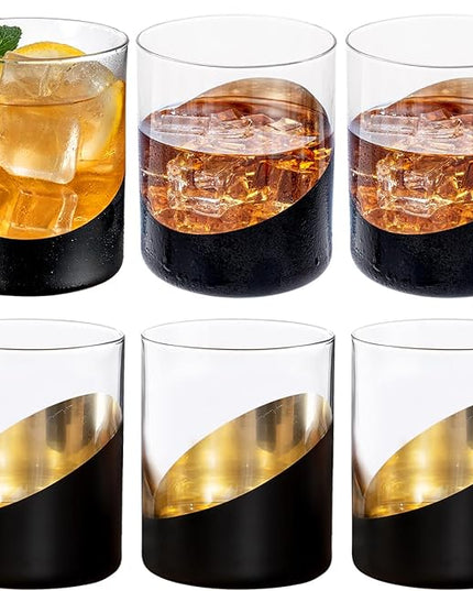 MyGift 12 oz Modern Cocktail Glasses with Slanted Matte Black and Gold Tone Plated Design, Angled Dipped Design Double Old Fashioned Lowball Whiskey Rocks Drinking Glass, Set of 6