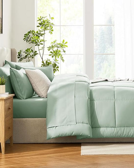 CozyLux King Size Comforter Set Sage Green, 7 Pieces Bed in a Bag, Green Comforter King Size, All Season Bedding Sets with Stitch Quilted Comforter, Flat Sheet, Fitted Sheet, Pillowcases
