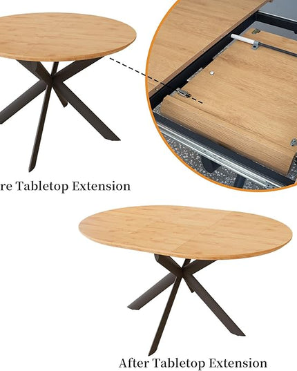 43.2"-59.1" Extendable Round Dining Table Set, Wooden Round Table for 4-6 Person, Oak Coffee Table w/Scratch-Resistant Tabletop