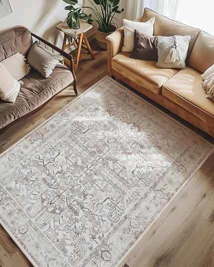 jinchan Lima Machine Washable Area Rugs 4x6 - Vintage Floral Stain Resistant Low Pile Ultra-Thin Non Slip Accent Rug for Bedroom Living Room Kitchen Dining Room Entryway (4x6ft, Taupe)