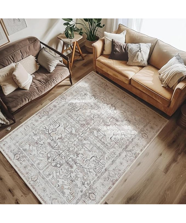 jinchan Lima Machine Washable Area Rugs 4x6 - Vintage Floral Stain Resistant Low Pile Ultra-Thin Non Slip Accent Rug for Bedroom Living Room Kitchen Dining Room Entryway (4x6ft, Taupe)