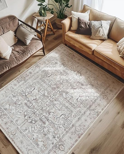 jinchan Lima 5x7 Machine Washable Area Rugs - Vintage Floral Stain Resistant Low Pile Ultra-Thin Non Slip Accent Rug for Bedroom Living Room Kitchen Dining Room Entryway (5x7ft, Taupe)