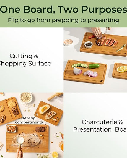 Bamboo Cutting Board, Durable Wood Cutting Boards for Kitchen with Deep Juice Grooves & Built-in Handles, Ideal Charcuterie & Chopping for Meat, Vegetables and Fruits Ideal Kitchen Gifts