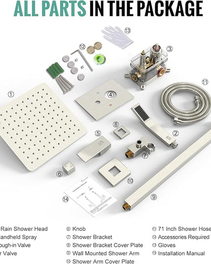 SR SUN RISE Shower Faucet Set Bathroom Square Rain Shower Head with Handheld Spray Wall Mounted Rainfall Shower Fixtures Brushed Nickel Shower Faucet Trim Repair Kits (Contain Shower Valve)10 Inches
