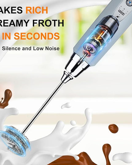 YUSWKO Handheld Milk Frother for Coffee, Rechargeable Drink Mixer with 3 Heads 3 Speeds Electric Whisk Coffee Frother For Latte, Cappuccino, Hot Chocolate, Egg - Cement Gray