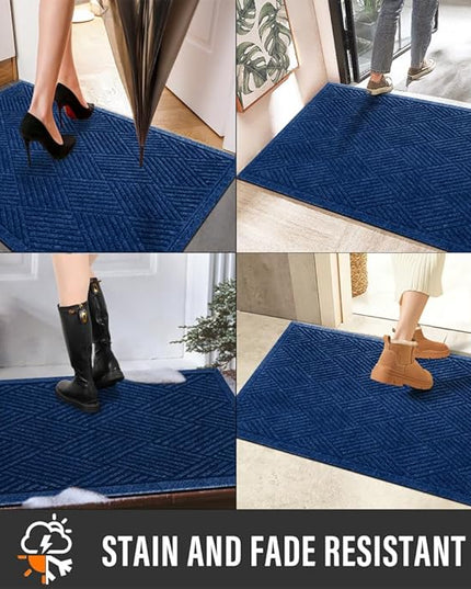 Sturdy Front Door Mat, Absorbent Muddy Dirt Resist Welcome Door Mats Outdoor Indoor, Stain and Fade Resistant, Non-Slip Rubber Backing Low Profile Doormat for Entryway, 36×24, Blue
