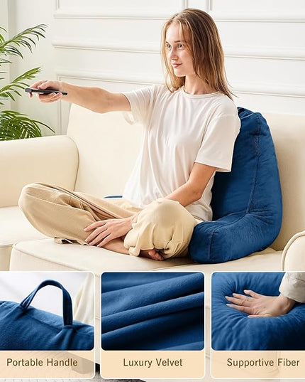 Sasttie Reading Pillow, Velvet Back Pillow for Bed Sitting Up, Adult Back-Rest Support Cushion with Arms for Sit Up on Couch, Sofa, and Floor, Dorm Essentials, Reading Accessories, Navy