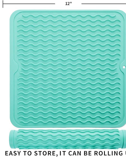 Silicone Dish Drying Mat for Multiple Usage,Easy clean,Eco-friendly,Heat-resistant Silicone Mat for Kitchen Counter or Sink,Refrigerator or Drawer liner Mint M 12 inches x 12 inches