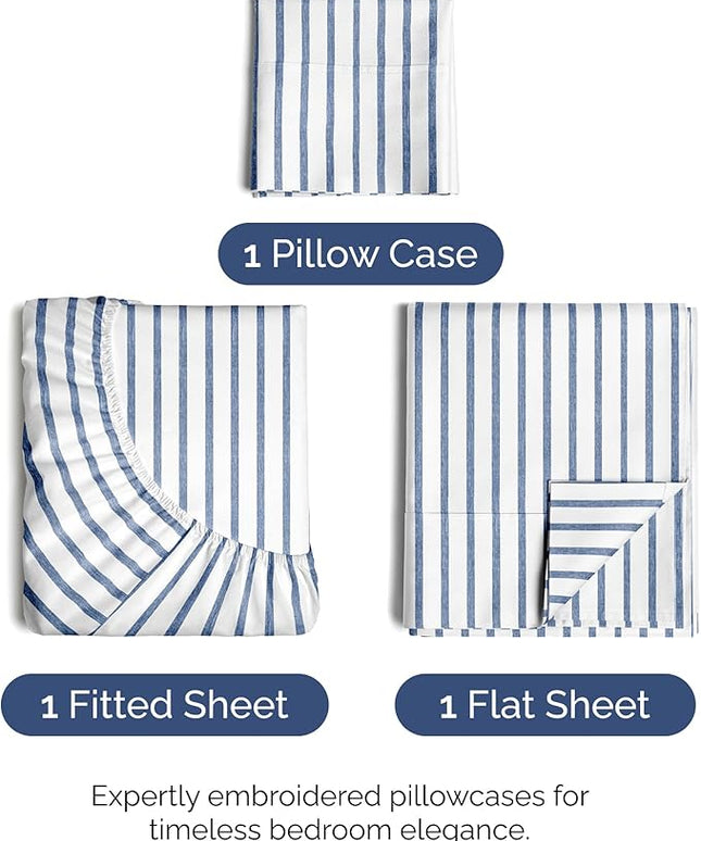 Twin Size 3 Piece Sheet Set - Comfy Breathable & Cooling Bed Sheets Set - Hotel Luxury Bedding for Women, Men, Kids, Teens, Boys & Girls - Deep Pockets, Soft, Wrinkle Free - Oeko-Tex - Blue Stripes 2