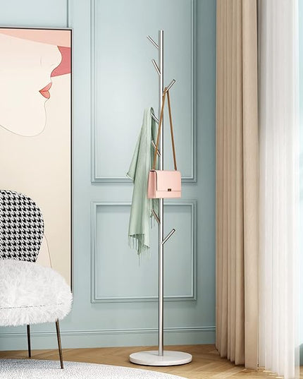 Silver Coat Racks, Metal Coat Rack Freestanding with Hooks, Entryway Coat Rack Stand, Coat Racks with Marble Base, Coat Tree for Hanging Clothes, Hats, Bags