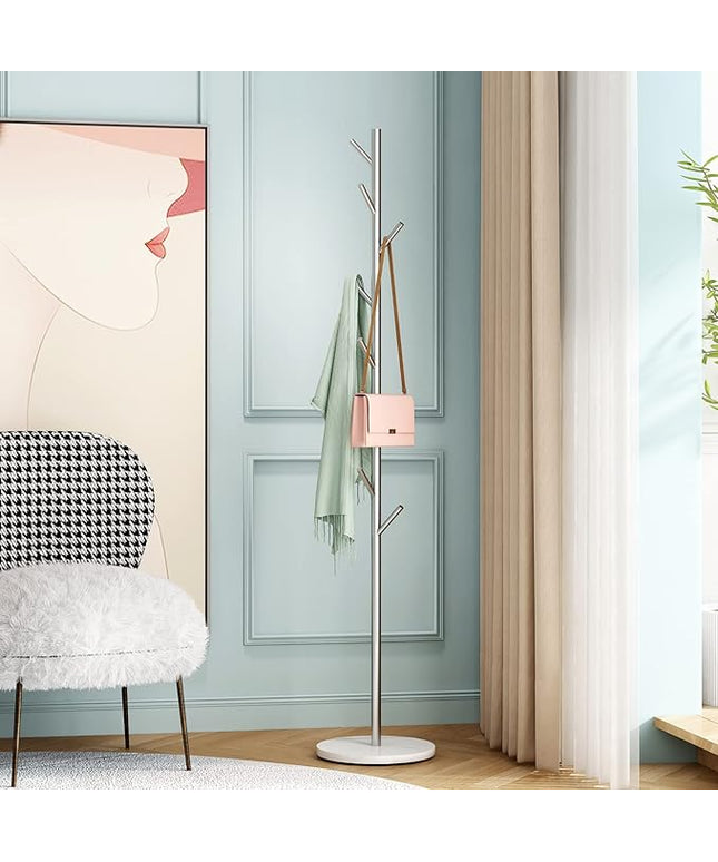 Silver Coat Racks, Metal Coat Rack Freestanding with Hooks, Entryway Coat Rack Stand, Coat Racks with Marble Base, Coat Tree for Hanging Clothes, Hats, Bags