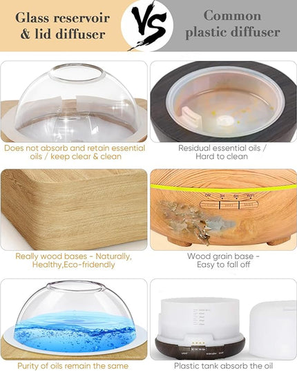 Glass Dome Essential Oil Diffuser with Glass Reservoir & Wood Base-No Plastic, 200ml Ultrasonic Diffuser for Aromatherapy with Timer 7 Color Light Auto-Off for Home Office Yoga Pilates