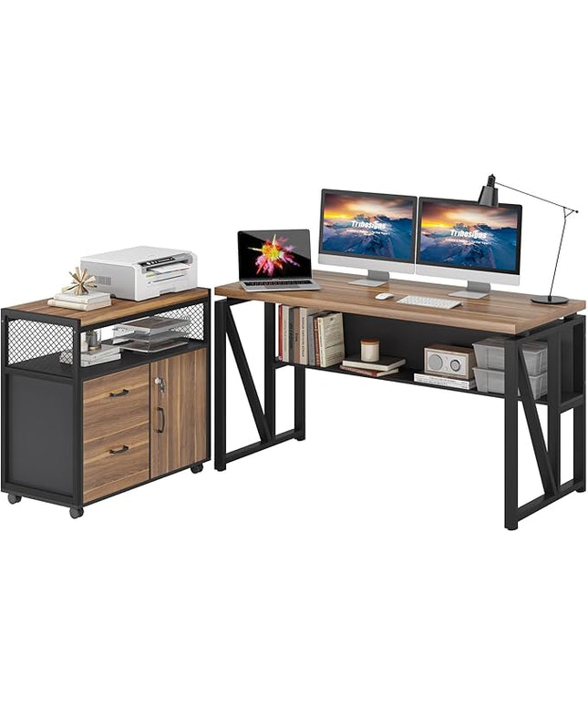 Tribesigns 55" Executive Desk with Reversible File Cabinet, Large L-Shaped Office Desk with Drawers, Business Furniture Workstation for Home Office (Dark Walnut, 55-inch)