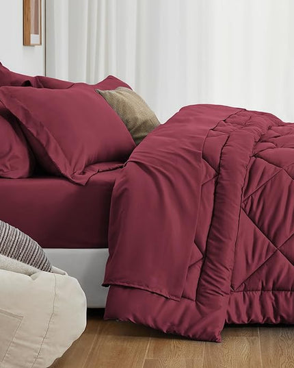 Love's cabin King Size Comforter Set Burgundy, 7 Pieces King Bed in a Bag, All Season Bedding Sets with 1 Comforter, 1 Flat Sheet, 1 Fitted Sheet, 2 Pillowcase and 2 Pillow Sham