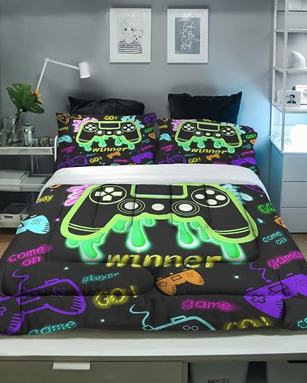 Sunnycitron Green Gamepad Gamer Comforter Set for Boys Gaming Bedding Set Teens Game Room Decor Queen (1 Comforter + 2 Pillowcase)