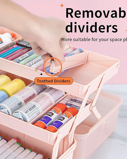 12.5in 3-Layer Multipurpose Craft Organizers and Storage with Adjustable Dividers, Portable Tackle Box, Folding Art & Craft Case for Medicine, Tool, Sewing Organizer (Pink)