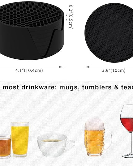Silicone Coasters [8 Pack] with Holders Drink Coasters, for Hot or Cold Drinks Thickened, Non-Slip, Non-Stick (Black)