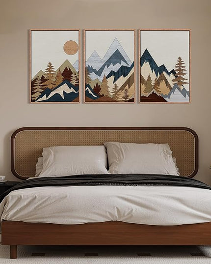 HOURIA Mid Century Mountain Woodland Framed Wall Art Set,Boho Sunrise Pine Tree Wall Decor,Wilderness Nature Forest Artwork,Modern Woodcut Field Art Print for Living Room,Bedroom,Office- 24"x36"x3
