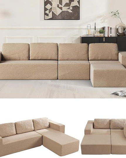 136" Modular Sectional Couch Left/Right Facing Convertible, L-Shape Modern Teddy Sofa, Deep Seat Upholstered Foam Couch for Living Room Bedroom, No Assembly Required (Camel, Teddy Boucle)