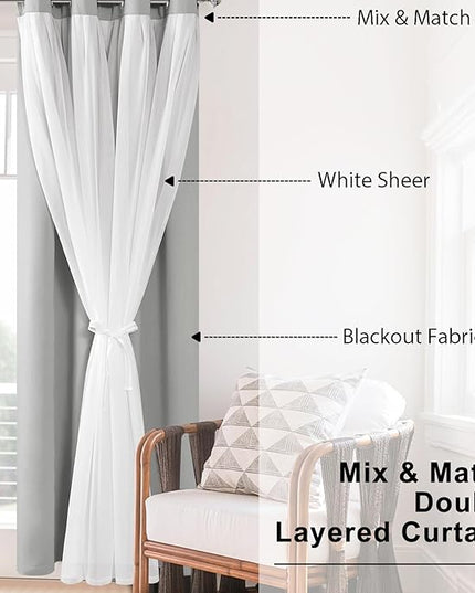 Hiasan Blackout Curtains with Sheer 84 Inches Long, Grommet Thermal Insulated Mix & Match Double Layer Window Curtains for Bedroom, Living Room, 2 Drape Panels with Tiebacks, Silver Grey, 52W X 84L