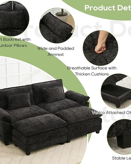 86" Modular Sectional Sofa, Comfy Cloud Couch Sectional Sofa with Ottoman, Chenille Sofa Sleeper Deep Seat Sofa with Throw Pillows for Living Room (Black)
