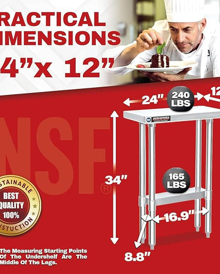 DuraSteel 24x12 Stainless Steel Work Table - NSF Commercial Prep Metal Table - Outdoor Pizza Oven Stand w/Under Shelf - Kitchen Island Laundry Utility Garage Microwave Stand Large Rolling Storage Cart