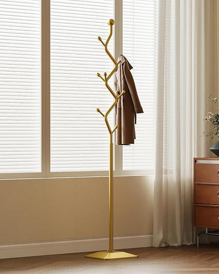 Gold coat rack,Coat Tree Freestanding heavy duty with 8 Hooks and Sturdy Metal Base for Coat Hats Purses,Tree-shaped Coat Stand for Entryway,Bedroom