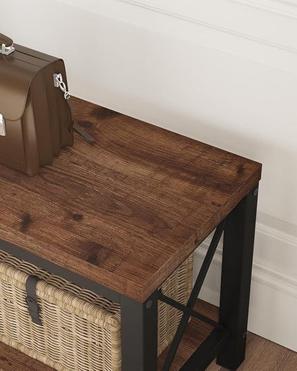 BON AUGURE Entryway Bench with Storage, 2 Tier Wood Metal Shoe Bench, Storage Benches for Bedroom, Entrance, Hallway, Mudroom, Indoor (47 inch Wide, Rustic Oak)