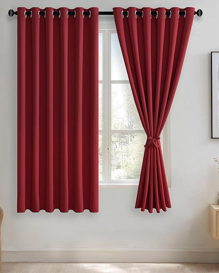 JIUZHEN Red Blackout Curtains with Tiebacks - Thermal Insulated, Light Blocking and Noise Reducing Grommet Curtains for Bedroom and Living Room, Set of 2 Window Curtain Panels, 70 x 63 Inch Length
